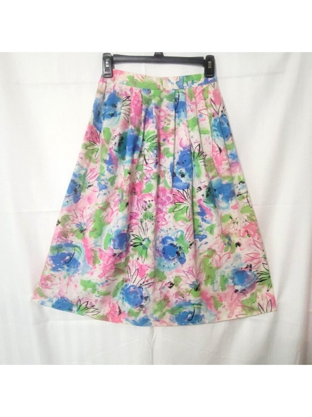Vtg 80s Pleated Watercolor Floral Skirt Cottagecore Pink Blue Green Art-To-Wear